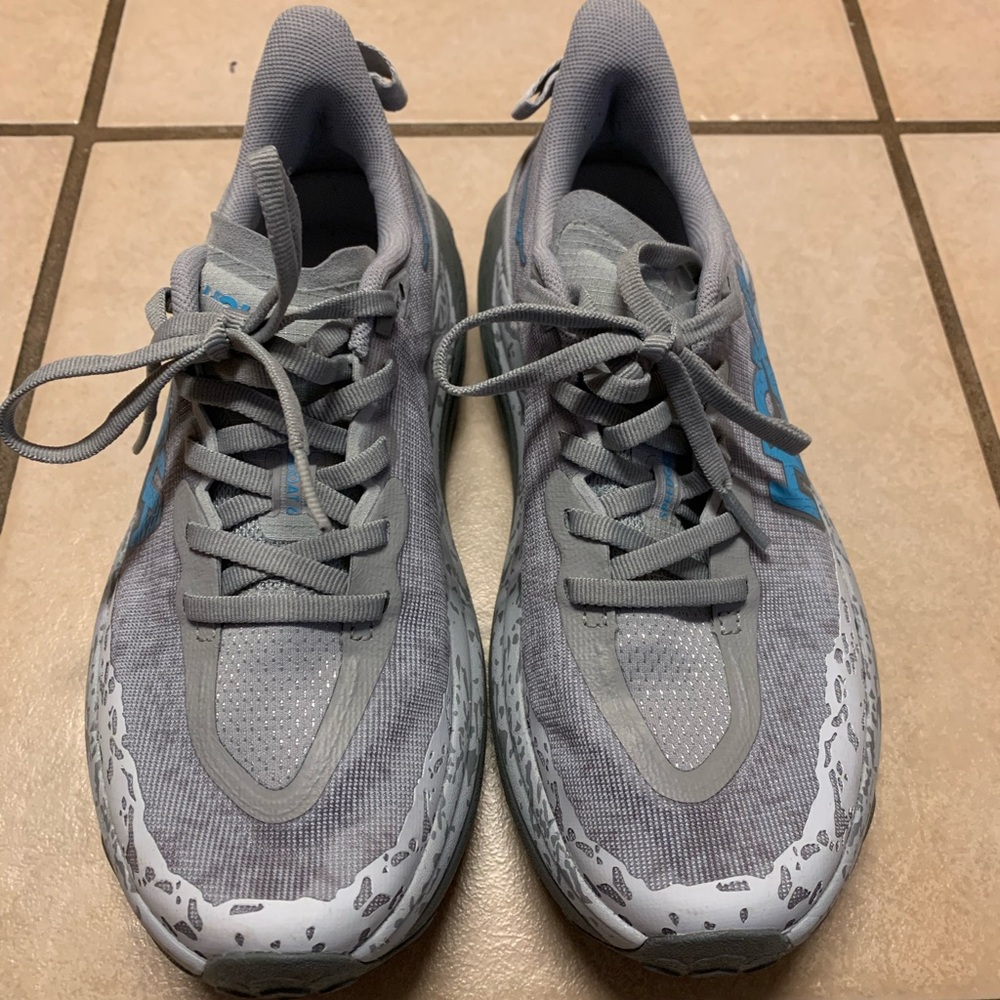 Hoka Speedgoat 6, Gray and Blue Athletic Shoes with Cushioned Soles